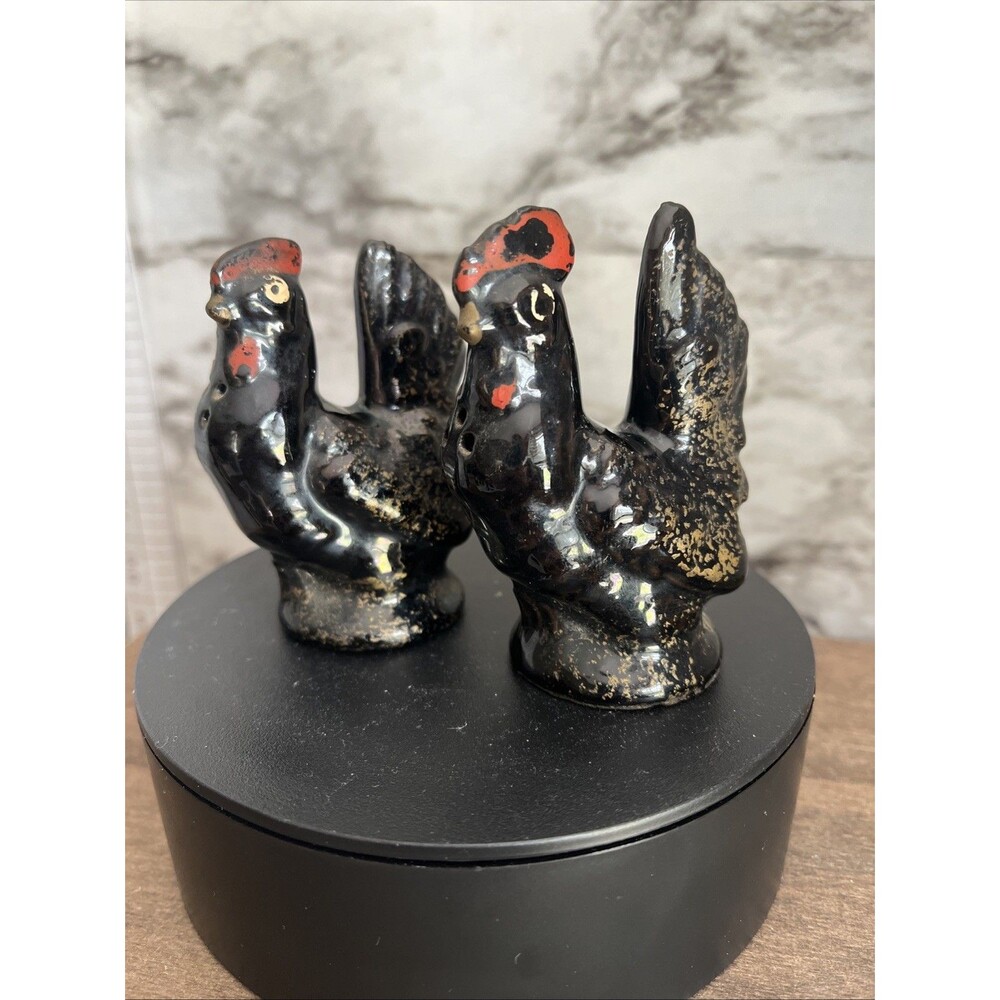 Vintage Shafford Japan Black & Gold Rooster Salt &Pepper 1950's